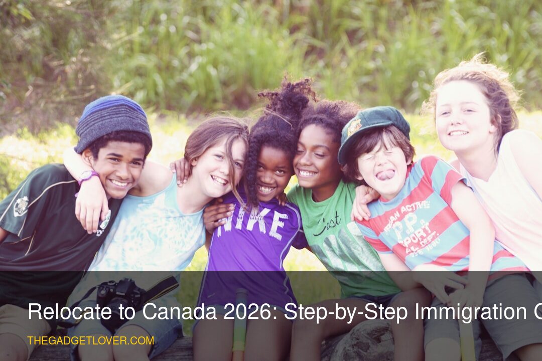 Diverse individuals looking towards a Canadian city skyline, symbolizing their journey to relocate to Canada.