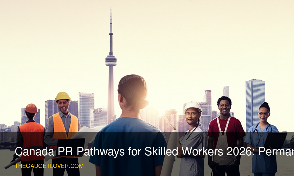 Diverse skilled workers looking at a Canadian city skyline, representing Canada PR pathways.
