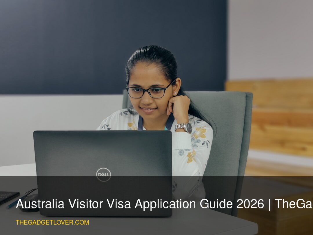 Person completing an Australia visitor visa application online with passport and documents