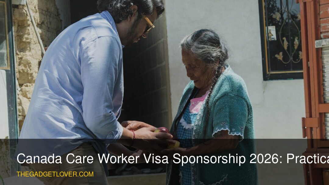A compassionate care worker assisting an elderly client in Canada.